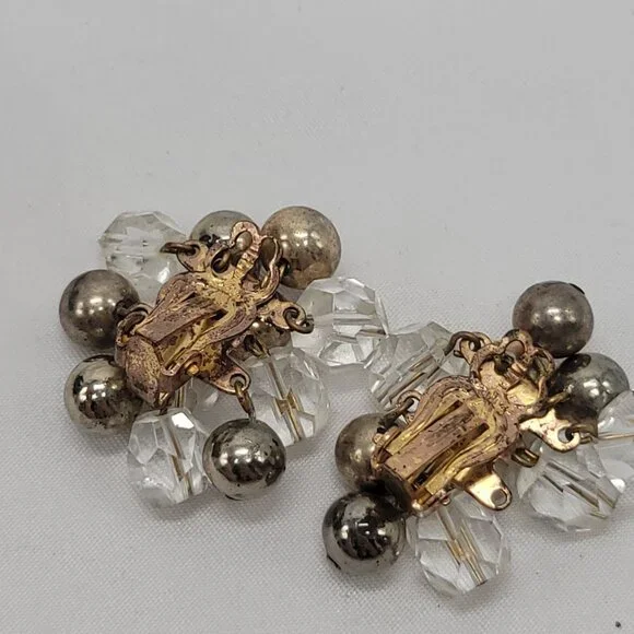 Vintage Cluster Clip-On Earrings With Clear Faceted Beads & Silver-Tone Balls - Picture 2 of 11